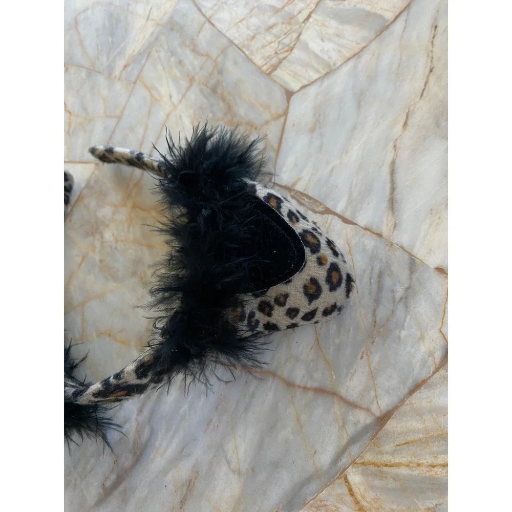 Leopard Print Cat Ear Headband with Black Marabou Feather Trim Costume Accessory